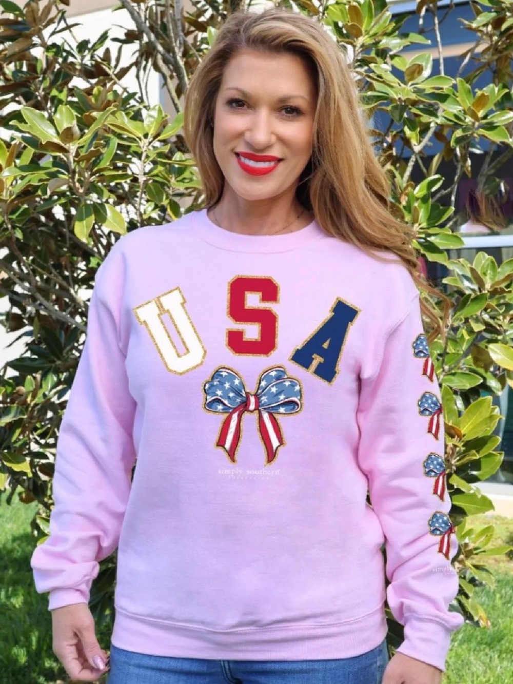 Simply Southern Pink USA Appliqué Crewneck Sweatshirt with Patriotic Bow